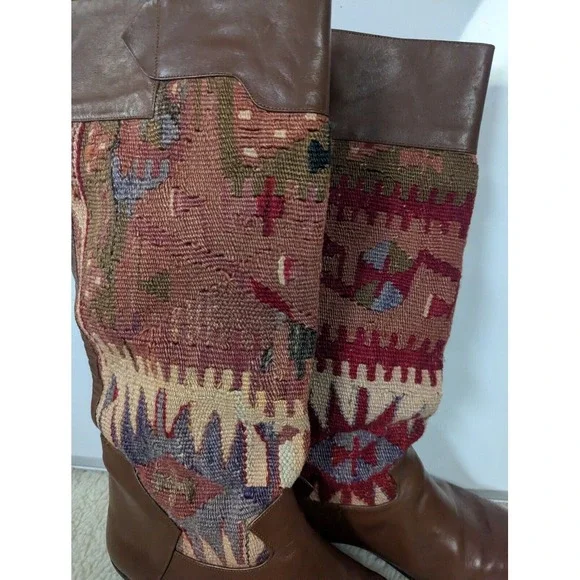 Vintage Kilim Leather Boots Handmade Moroccan Tapestry‎ Size 8/8.5 EU 38/39 Turk
